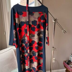 Anne Klein Navy Shift Dress with Red and Taupe Floral Pattern